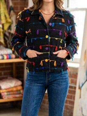 Kindred Spirit Black Jean Jacket with Multicolor Tassel Accents
